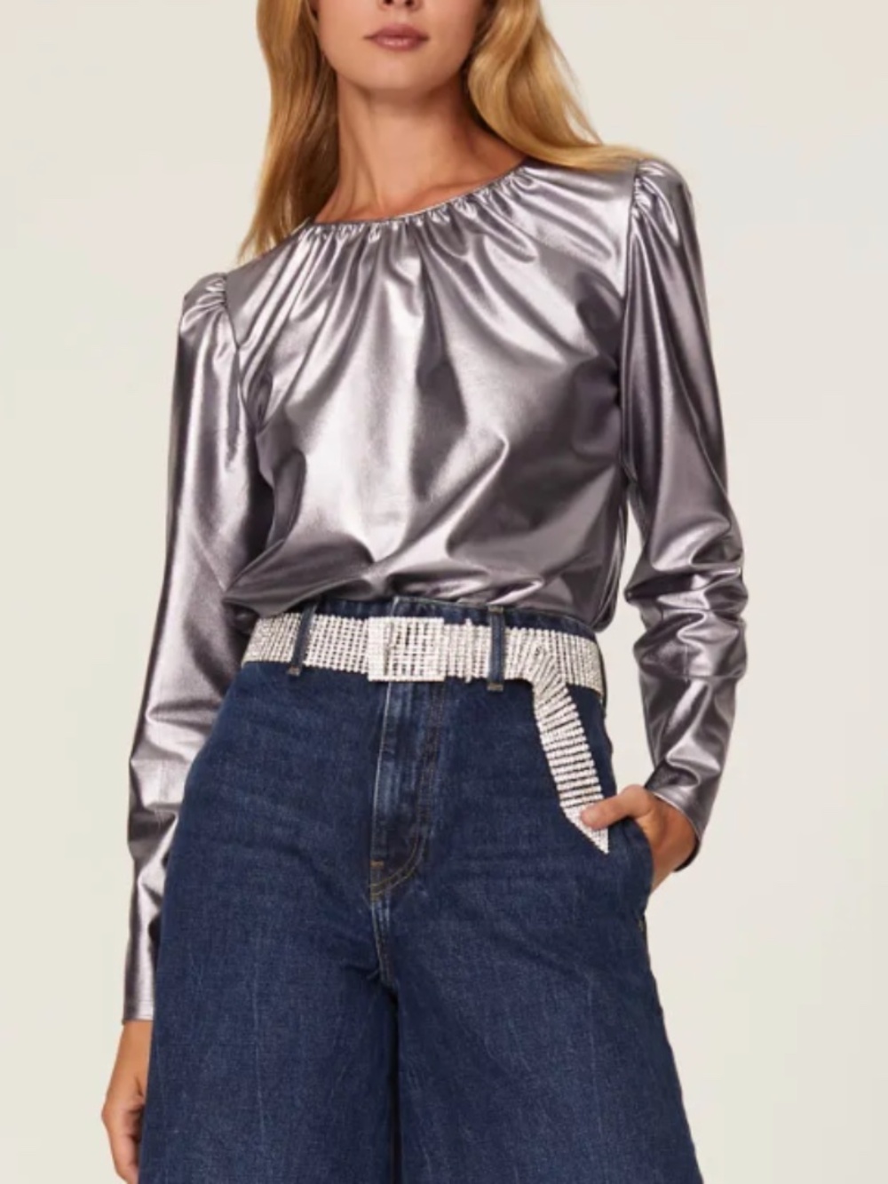 Derek Lam 10 Crosy x RTR Silver Metallic Long Puff Sleeve Blouse